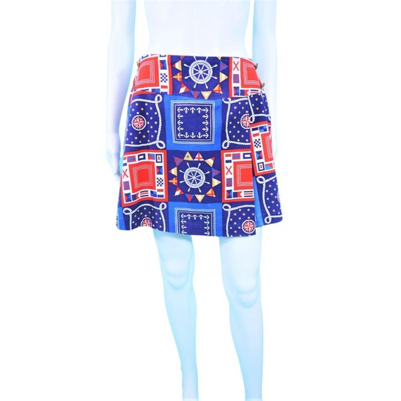 Vintage 1960s Novelty Print Skort Blue Nautical Patriotic Shorts | W 27" - Picture 2 of 5